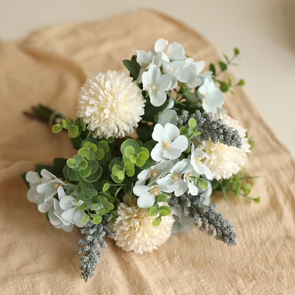 Delviora White Artificial Hydrangea Flowers with Vase – Dried-Look Faux Bouquet Set for Home, Bedroom & Table Décor