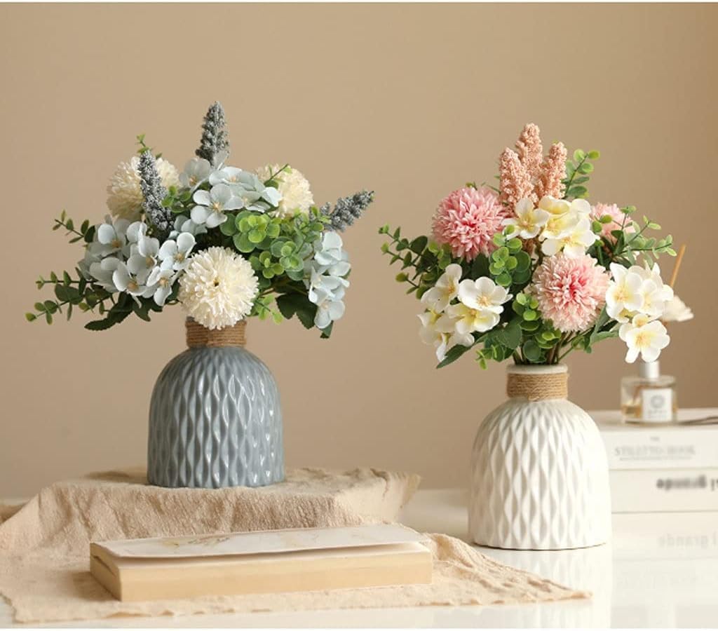 Delviora White Artificial Hydrangea Flowers with Vase – Dried-Look Faux Bouquet Set for Home, Bedroom & Table Décor