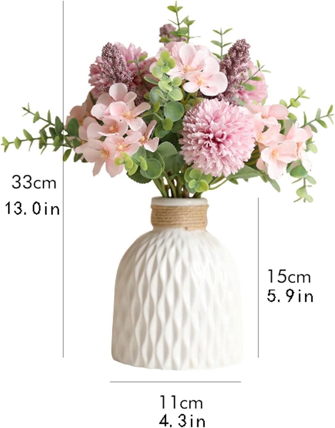 Delviora White Artificial Hydrangea Flowers with Vase – Dried-Look Faux Bouquet Set for Home, Bedroom & Table Décor