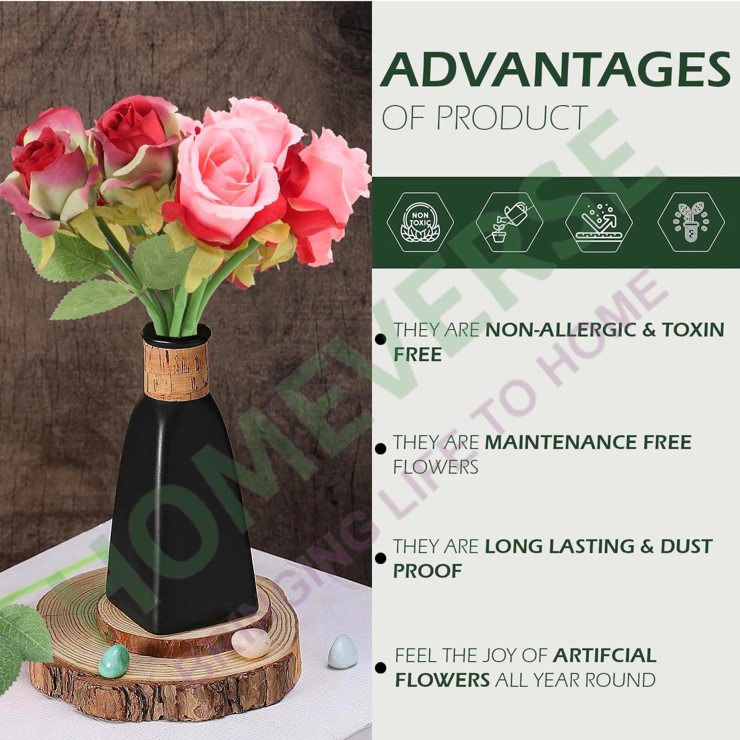 Heartscape 12pcs Artificial Rose Set – 6 Pink & 6 Red Silk Flowers