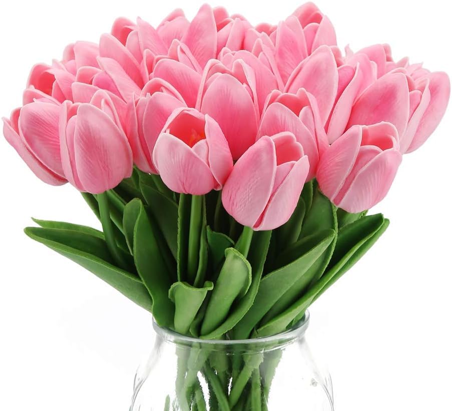 Tulovia 5 Pcs Artificial Pink Tulip Flower Bunches (34 cm) for Vase, Home Decor, Wedding, Bedroom, Tabletop – Silk