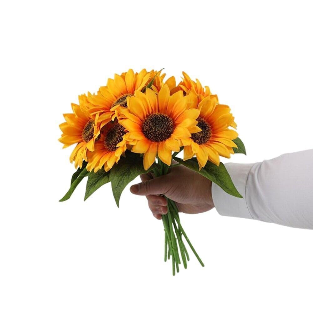 Sotyra 1 Pc Artificial Sunflower Stick Bunch with 6 Realistic Fabric Heads – Yellow Bouquet for Home, Wedding & Decor
