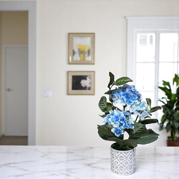 Greenera GAHY4600B Blue Hydrangea Artificial Potted Plant for Indoor & Outdoor Home Decoration