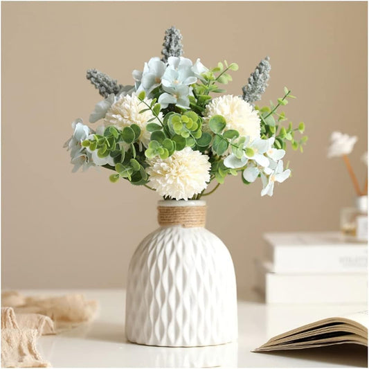 Delviora White Artificial Hydrangea Flowers with Vase – Dried-Look Faux Bouquet Set for Home, Bedroom & Table Décor