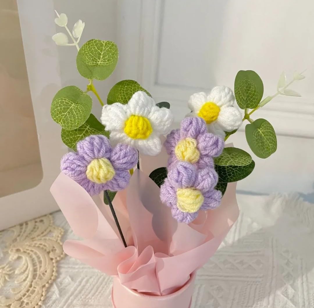 Vionza Dec 1pc Handmade Crochet Flower Bunch – Purple Daisy Bouquet for Gifting