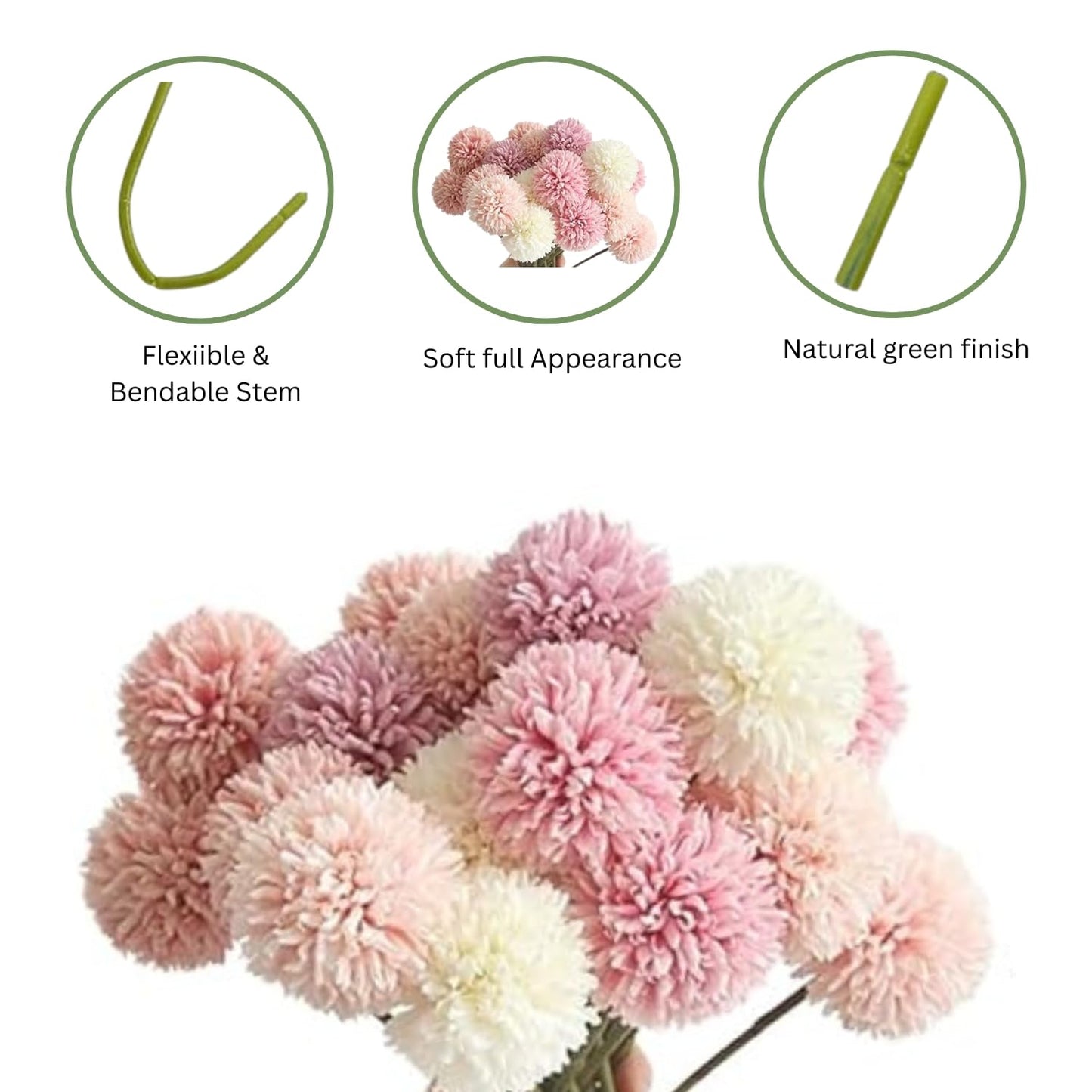 Florvanta 5-Piece Silk Chrysanthemum Ball & Hydrangea Sticks – Elegant Faux Flowers