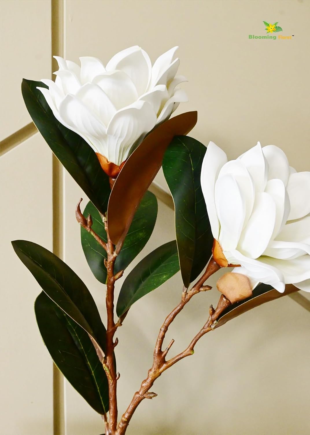 Blomyn Floret Faux Magnolia Flower Stems – Lifelike White Petals & Green Leaves for Home Decor