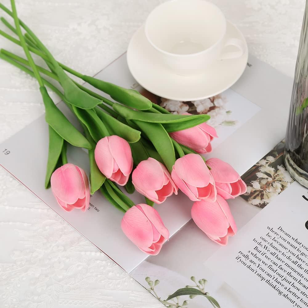 Tulovia 5 Pcs Artificial Pink Tulip Flower Bunches (34 cm) for Vase, Home Decor, Wedding, Bedroom, Tabletop – Silk
