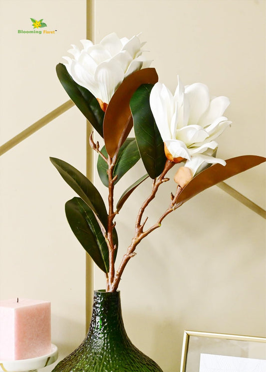Blomyn Floret Faux Magnolia Flower Stems – Lifelike White Petals & Green Leaves for Home Decor