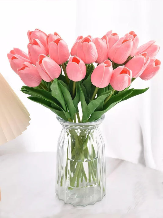 Tulovia 5 Pcs Artificial Pink Tulip Flower Bunches (34 cm) for Vase, Home Decor, Wedding, Bedroom, Tabletop – Silk