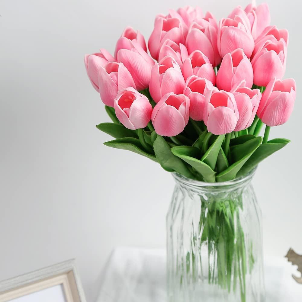 Tulovia 5 Pcs Artificial Pink Tulip Flower Bunches (34 cm) for Vase, Home Decor, Wedding, Bedroom, Tabletop – Silk