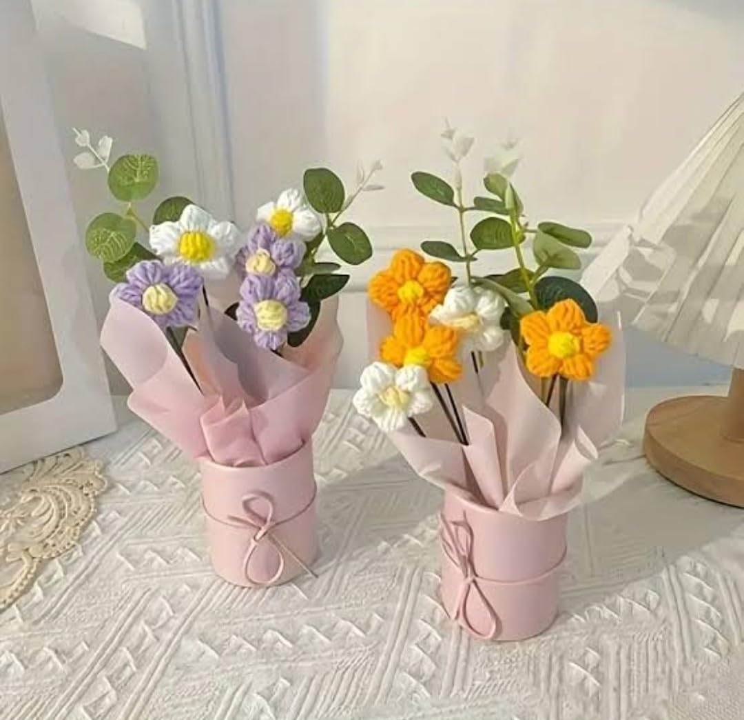 Vionza Dec 1pc Handmade Crochet Flower Bunch – Purple Daisy Bouquet for Gifting