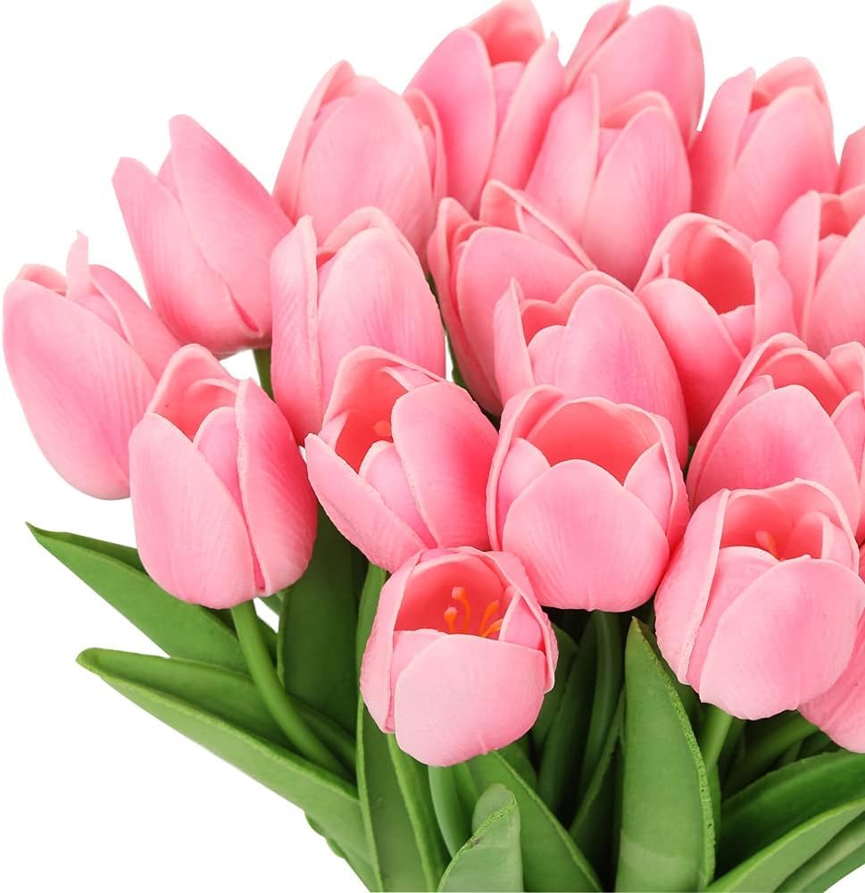 Tulovia 5 Pcs Artificial Pink Tulip Flower Bunches (34 cm) for Vase, Home Decor, Wedding, Bedroom, Tabletop – Silk