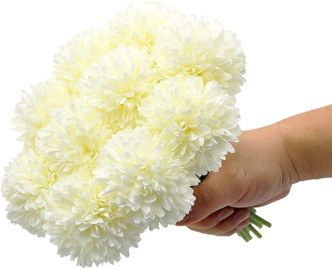 Tassel Roots 29cm White Artificial Chrysanthemum Ball Flower Sticks Set of 6 for Vase, Home & Office Décor