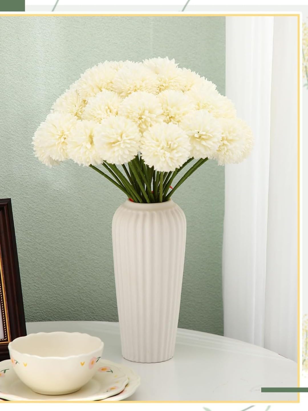 Tassel Roots 29cm White Artificial Chrysanthemum Ball Flower Sticks Set of 6 for Vase, Home & Office Décor