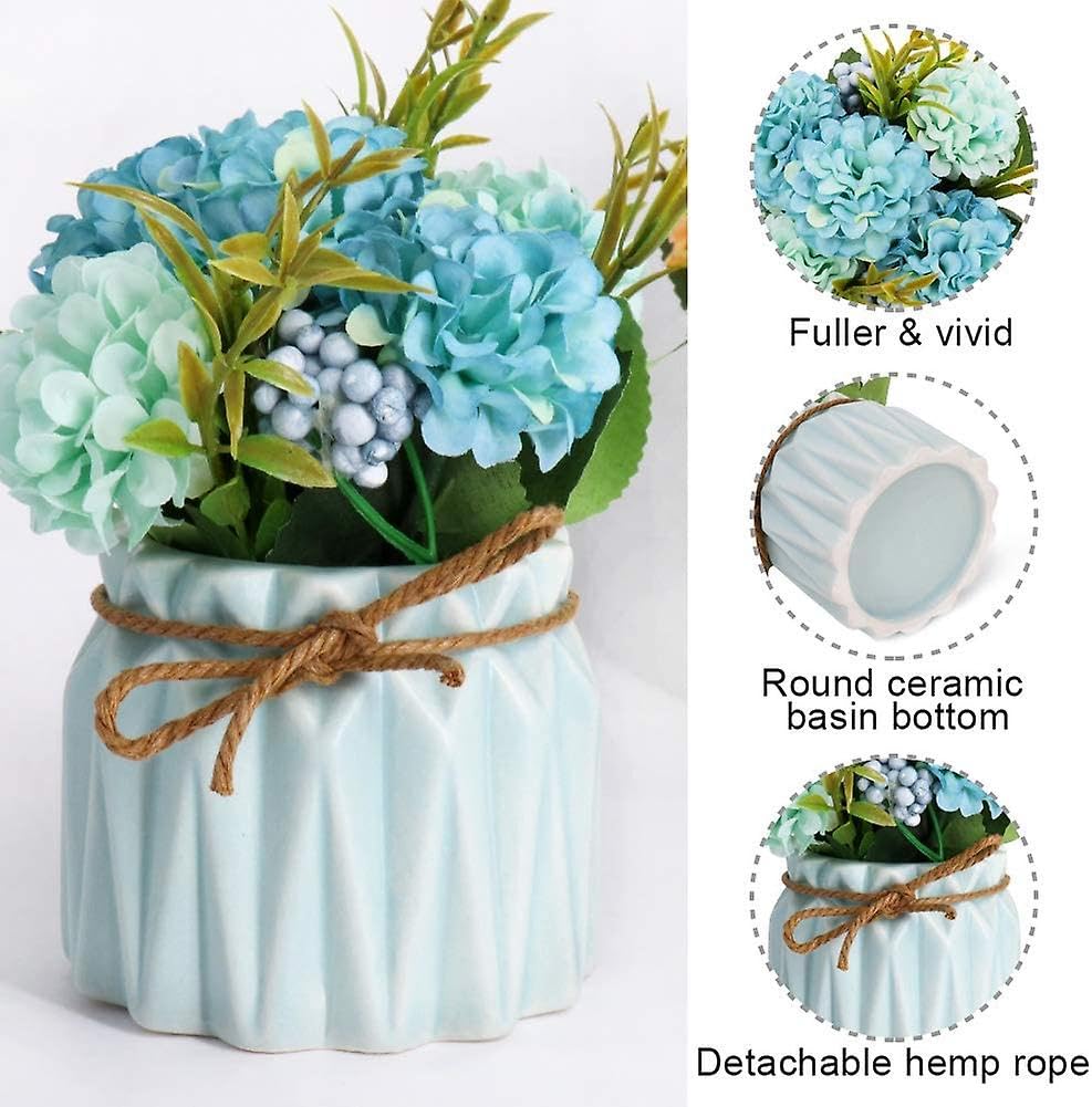 Harmosa 1 Pc Blue Hydrangea Artificial Flower with Ceramic Vase for Tabletop, Office Desk & Home Decor Arrangements