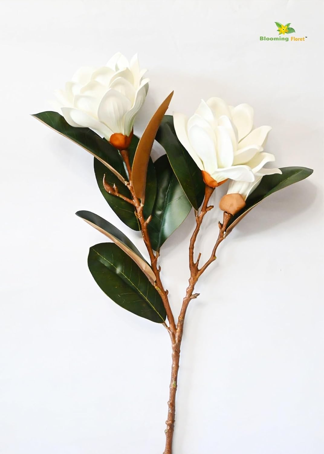 Blomyn Floret Faux Magnolia Flower Stems – Lifelike White Petals & Green Leaves for Home Decor
