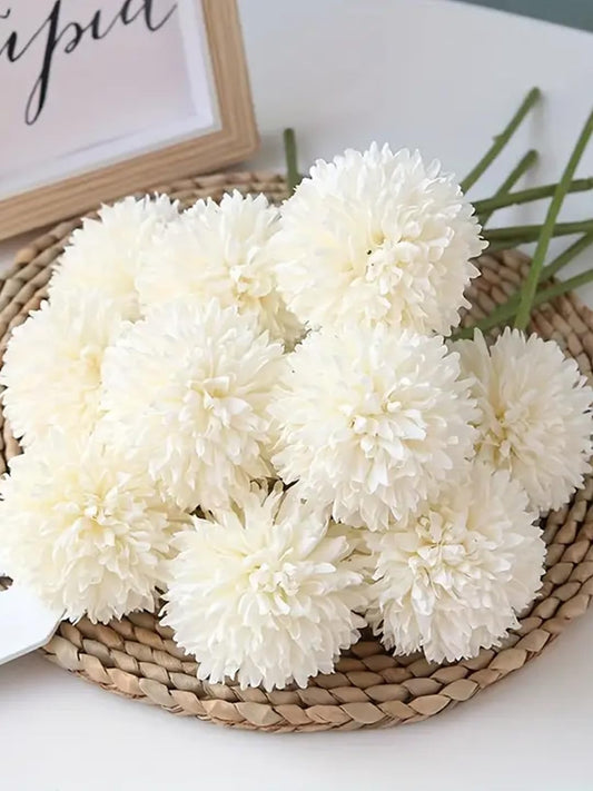 Tassel Roots 29cm White Artificial Chrysanthemum Ball Flower Sticks Set of 6 for Vase, Home & Office Décor