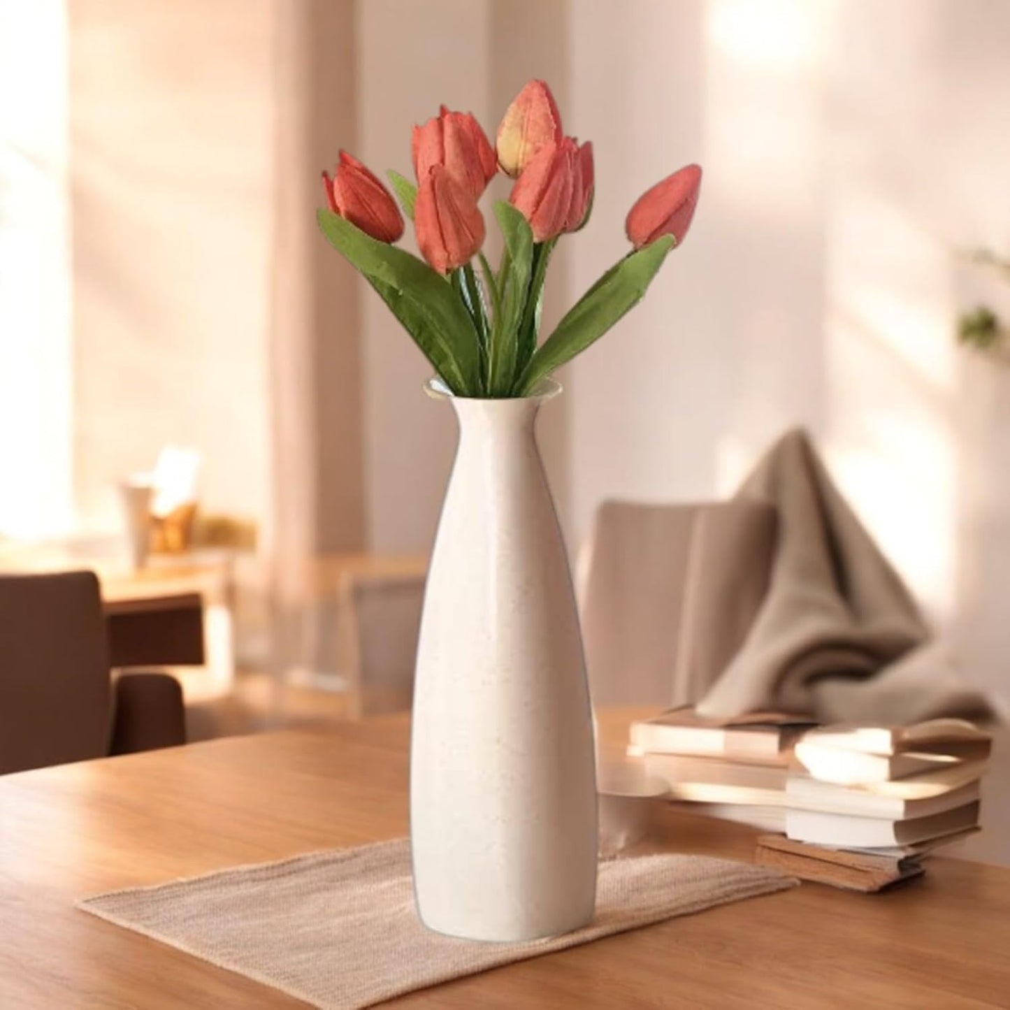 Purelee White Ceramic Flower Vase with Sleek Bottle Design – Elegant Modern Pot for Table, Office, or Living Room Decor