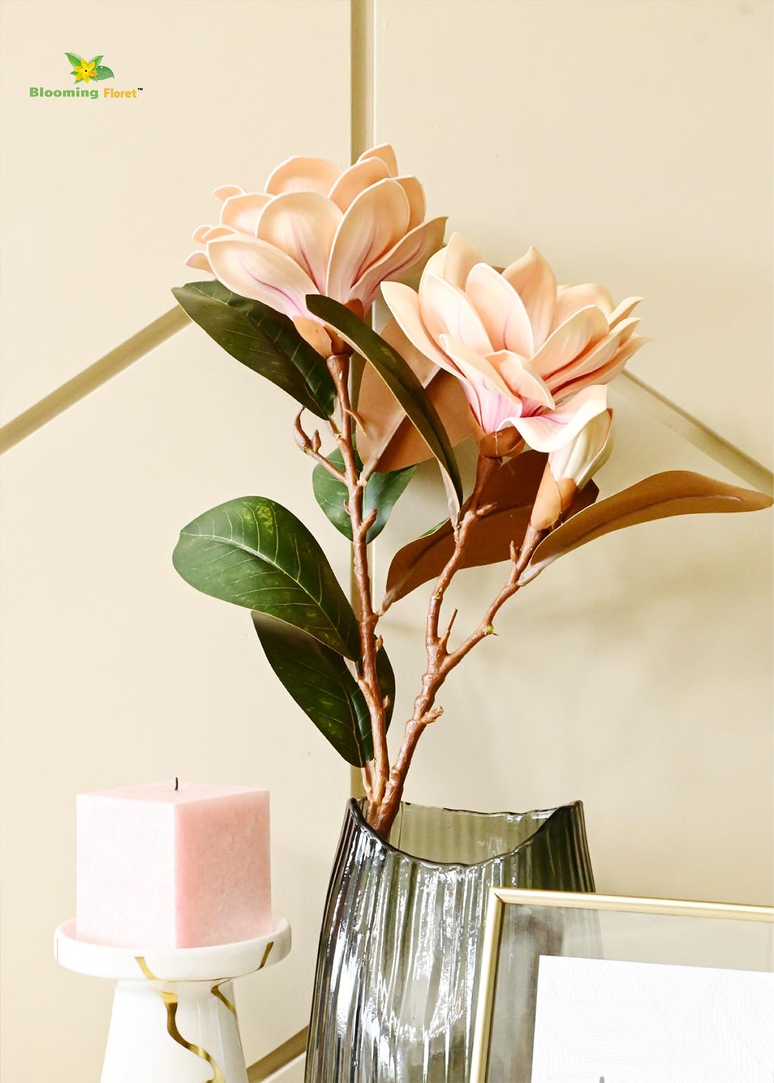 Brisora Lifelike Faux Magnolia Flower Stems – Realistic Peach Petals & Greenery for Home Decor, Weddings & Centerpieces