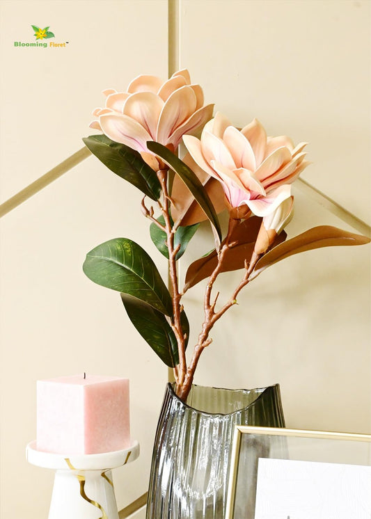 Brisora Lifelike Faux Magnolia Flower Stems – Realistic Peach Petals & Greenery for Home Decor, Weddings & Centerpieces