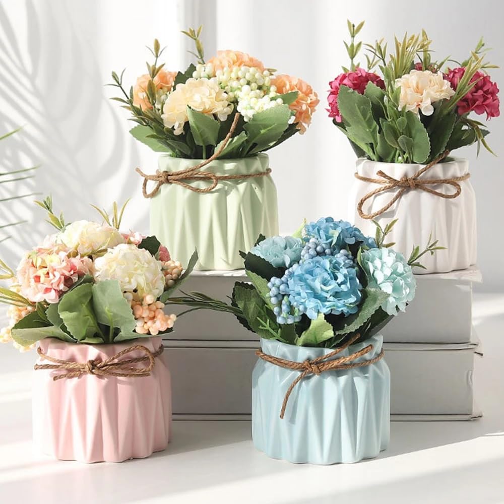 Harmosa 1 Pc Blue Hydrangea Artificial Flower with Ceramic Vase for Tabletop, Office Desk & Home Decor Arrangements