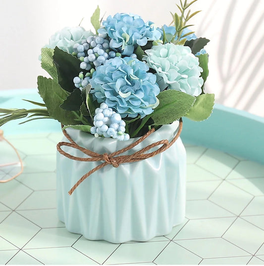 Harmosa 1 Pc Blue Hydrangea Artificial Flower with Ceramic Vase for Tabletop, Office Desk & Home Decor Arrangements