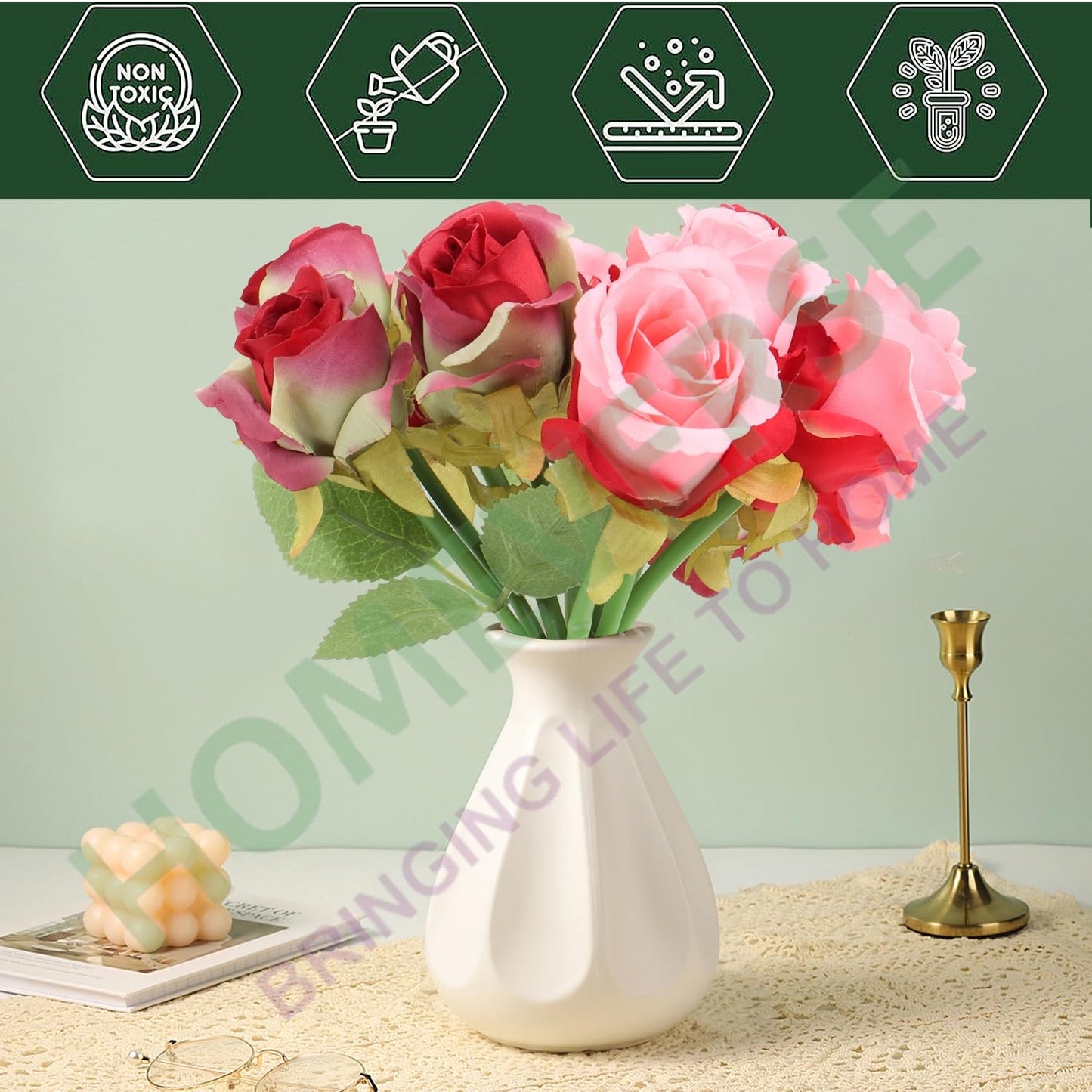 Heartscape 12pcs Artificial Rose Set – 6 Pink & 6 Red Silk Flowers