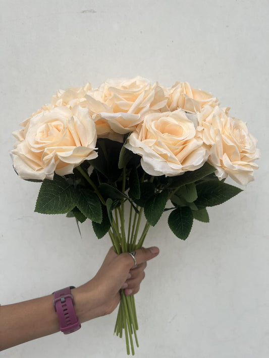 Inflora Decor Cream Faux Rose Set of 16 – Realistic Long Stem Artificial Flowers