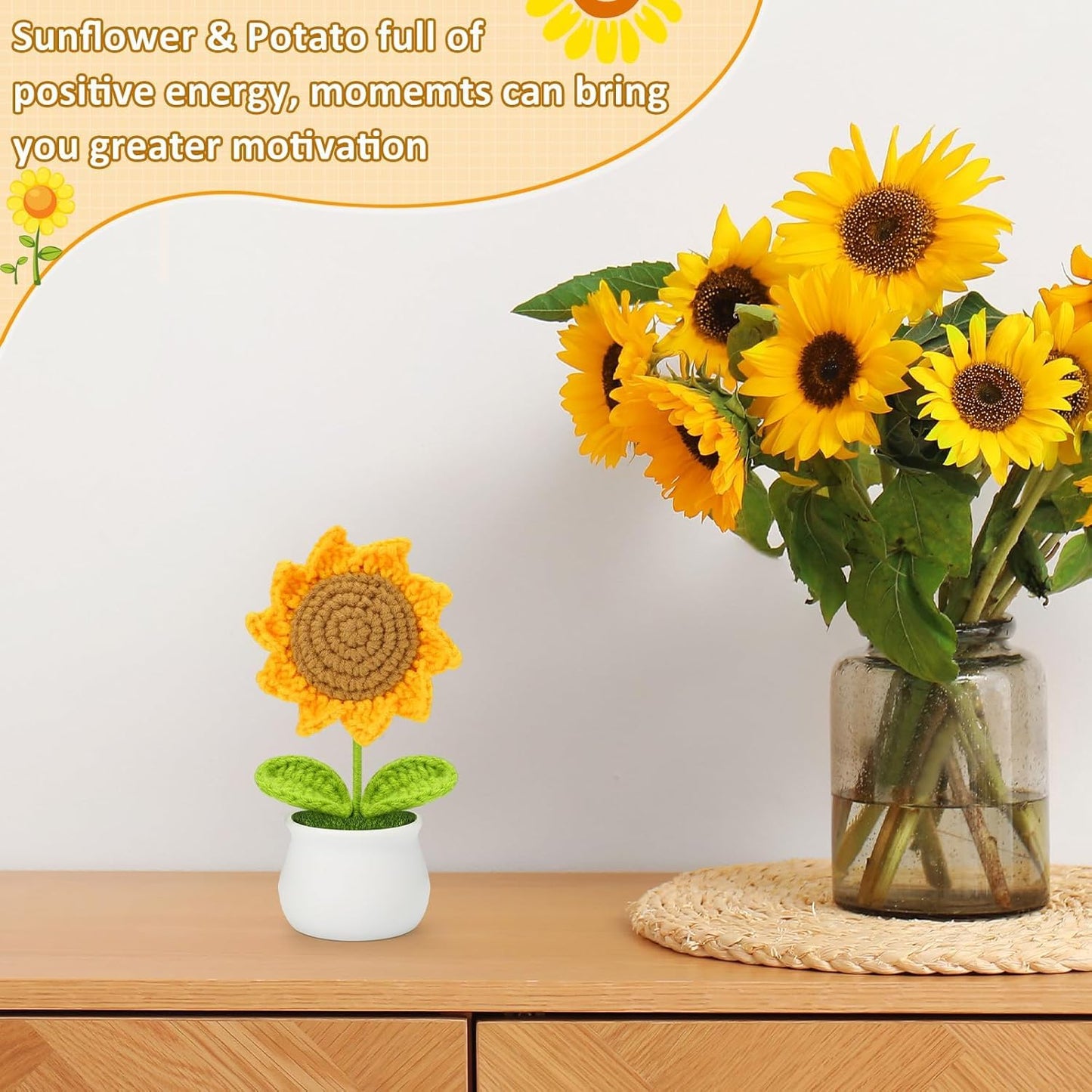 MellowNest Handmade Crochet Sunflower Pot – Wool Artificial Flower for Home Decor