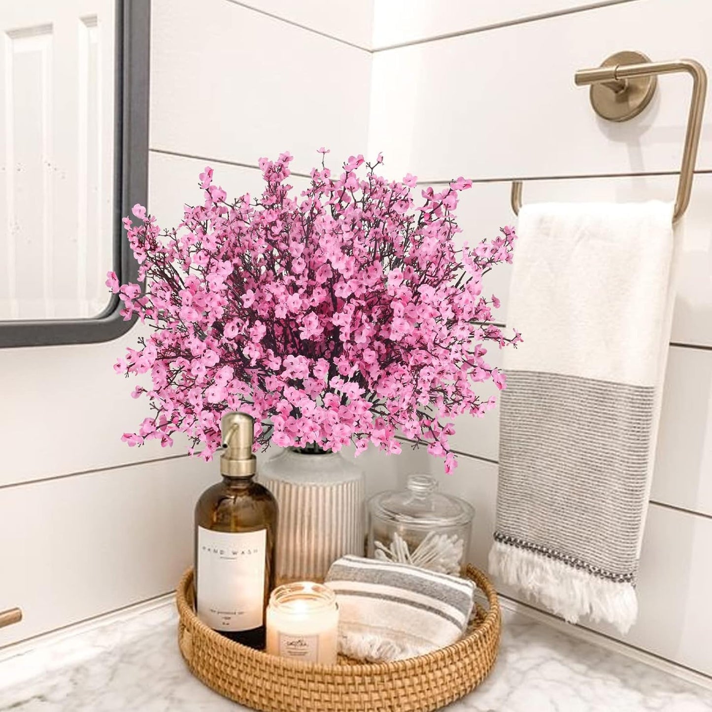Tavilo Ribbons Set of 5 Pink Baby Breath Gypsophila Silk Flower Bunches for Vase