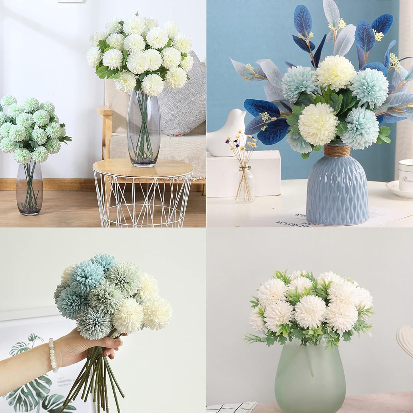 Tassel Roots 29cm White Artificial Chrysanthemum Ball Flower Sticks Set of 6 for Vase, Home & Office Décor