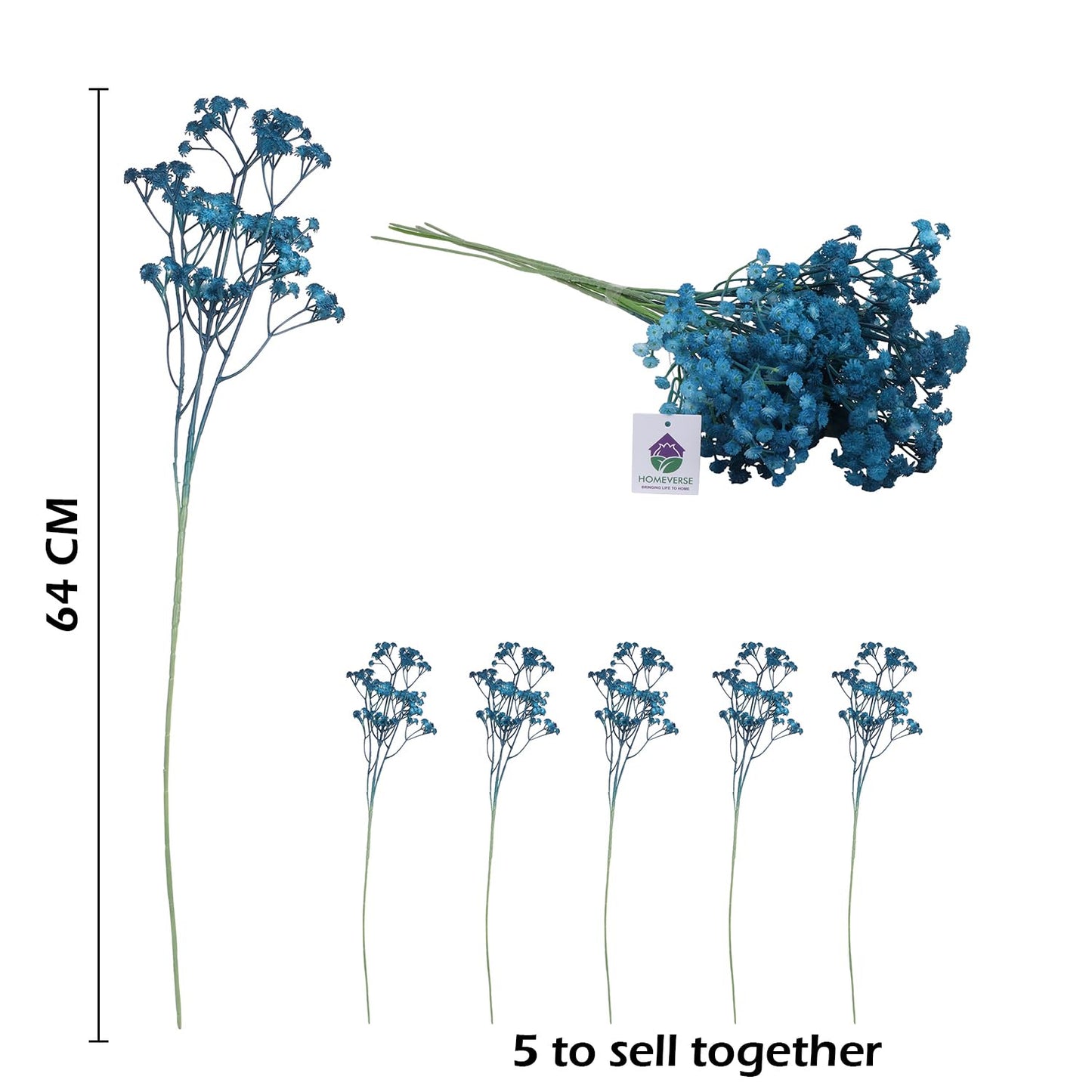 Heirflora 5 Pcs Blue Baby Breath Artificial Silk Flowers for Home, Wedding, Party Decor & DIY Garden Arrangements
