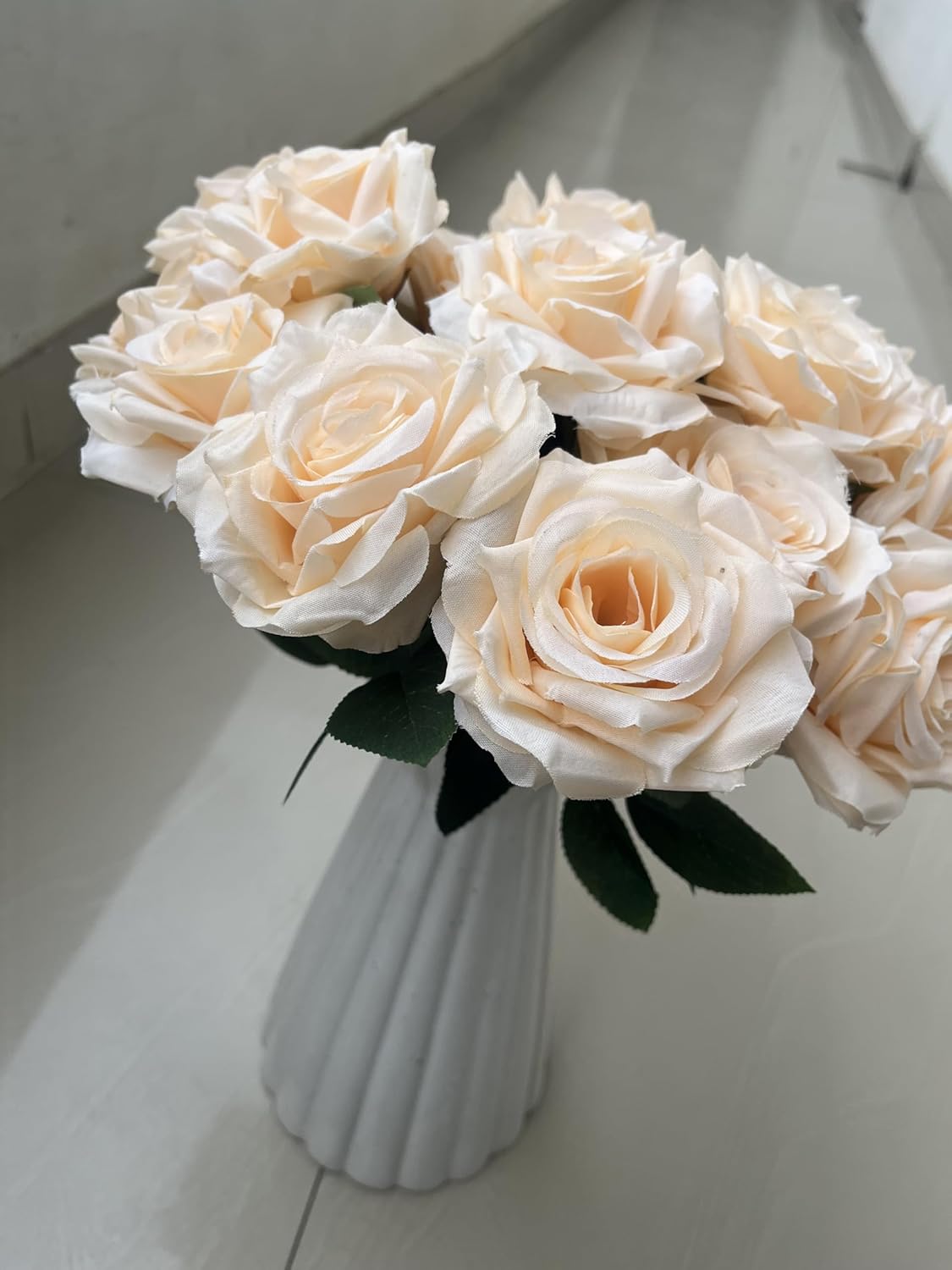 Inflora Decor Cream Faux Rose Set of 16 – Realistic Long Stem Artificial Flowers