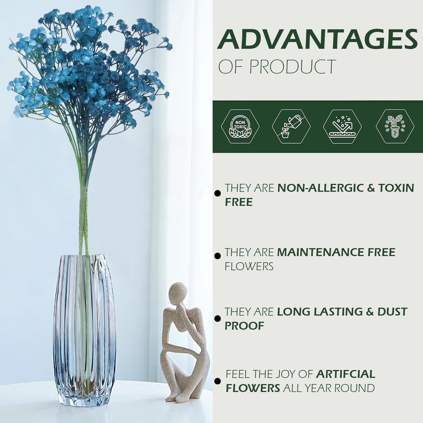 Heirflora 5 Pcs Blue Baby Breath Artificial Silk Flowers for Home, Wedding, Party Decor & DIY Garden Arrangements