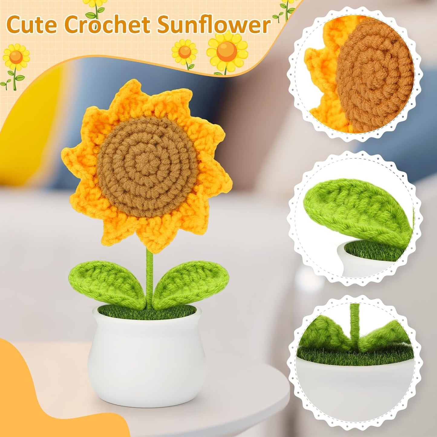 MellowNest Handmade Crochet Sunflower Pot – Wool Artificial Flower for Home Decor
