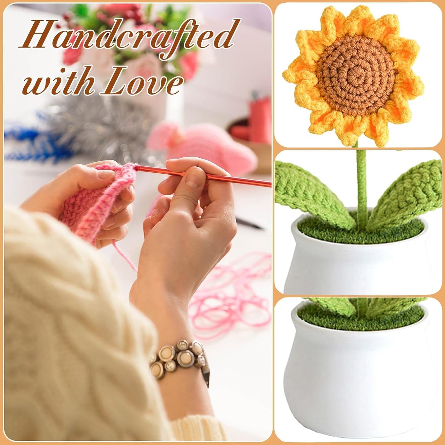 MellowNest Handmade Crochet Sunflower Pot – Wool Artificial Flower for Home Decor