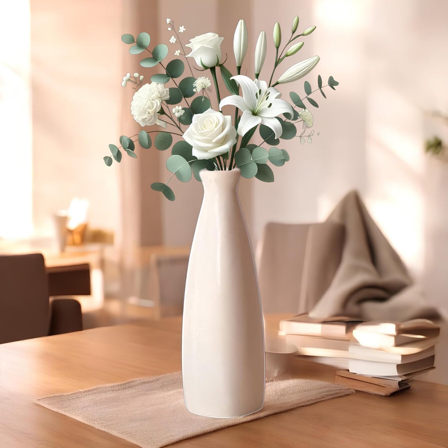 Purelee White Ceramic Flower Vase with Sleek Bottle Design – Elegant Modern Pot for Table, Office, or Living Room Decor