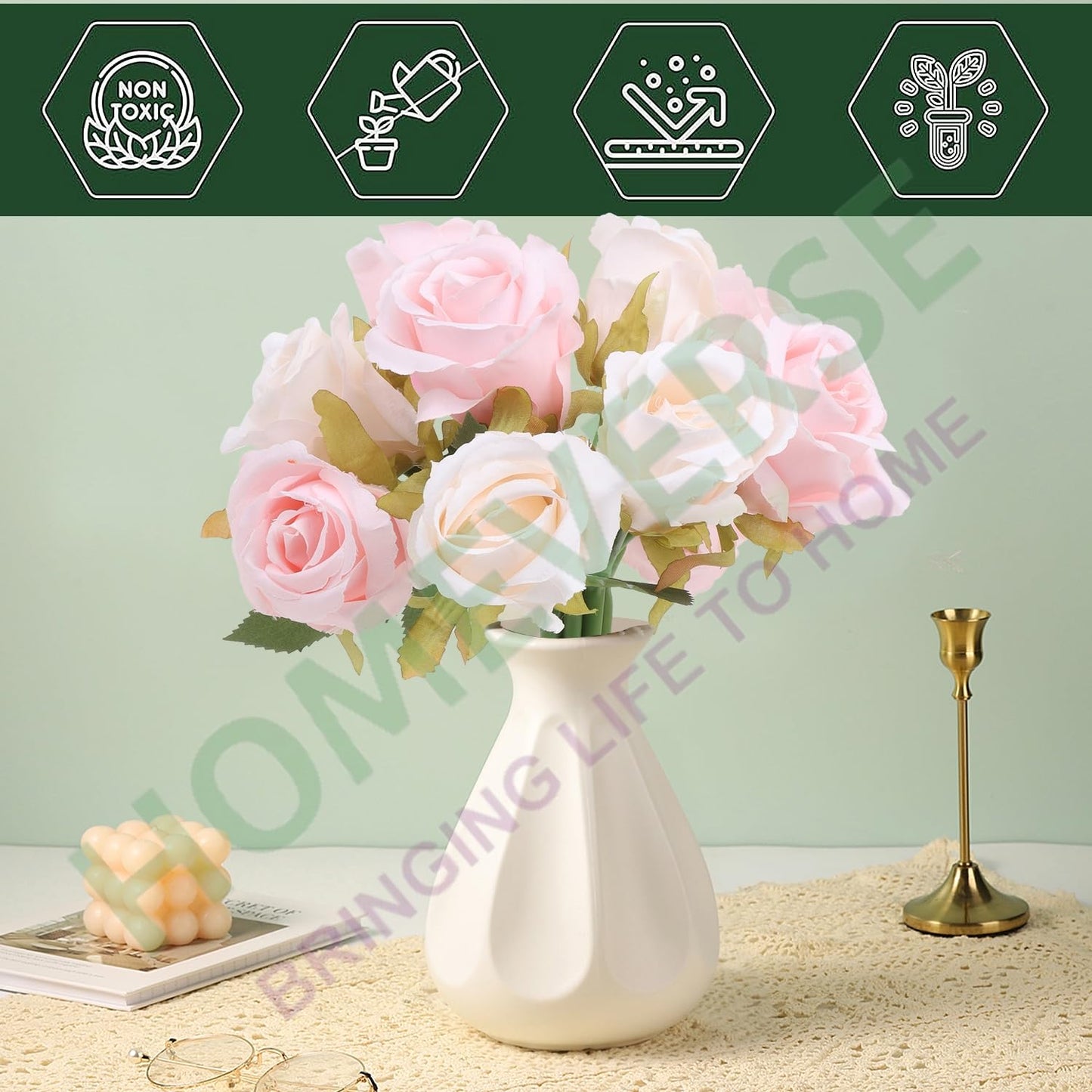 Heartliva 12pcs Pink & Creme White Artificial Silk Roses for Weddings