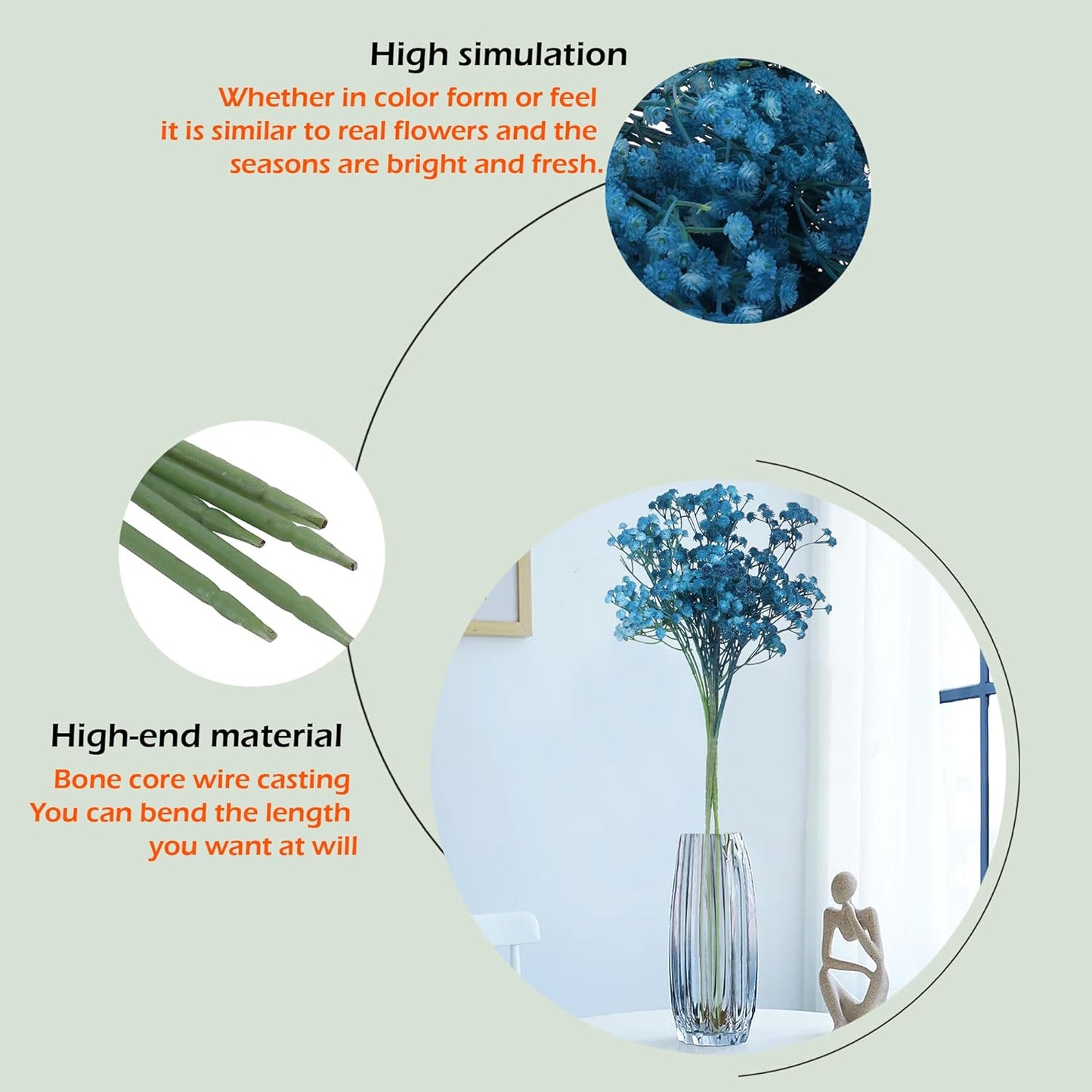 Heirflora 5 Pcs Blue Baby Breath Artificial Silk Flowers for Home, Wedding, Party Decor & DIY Garden Arrangements