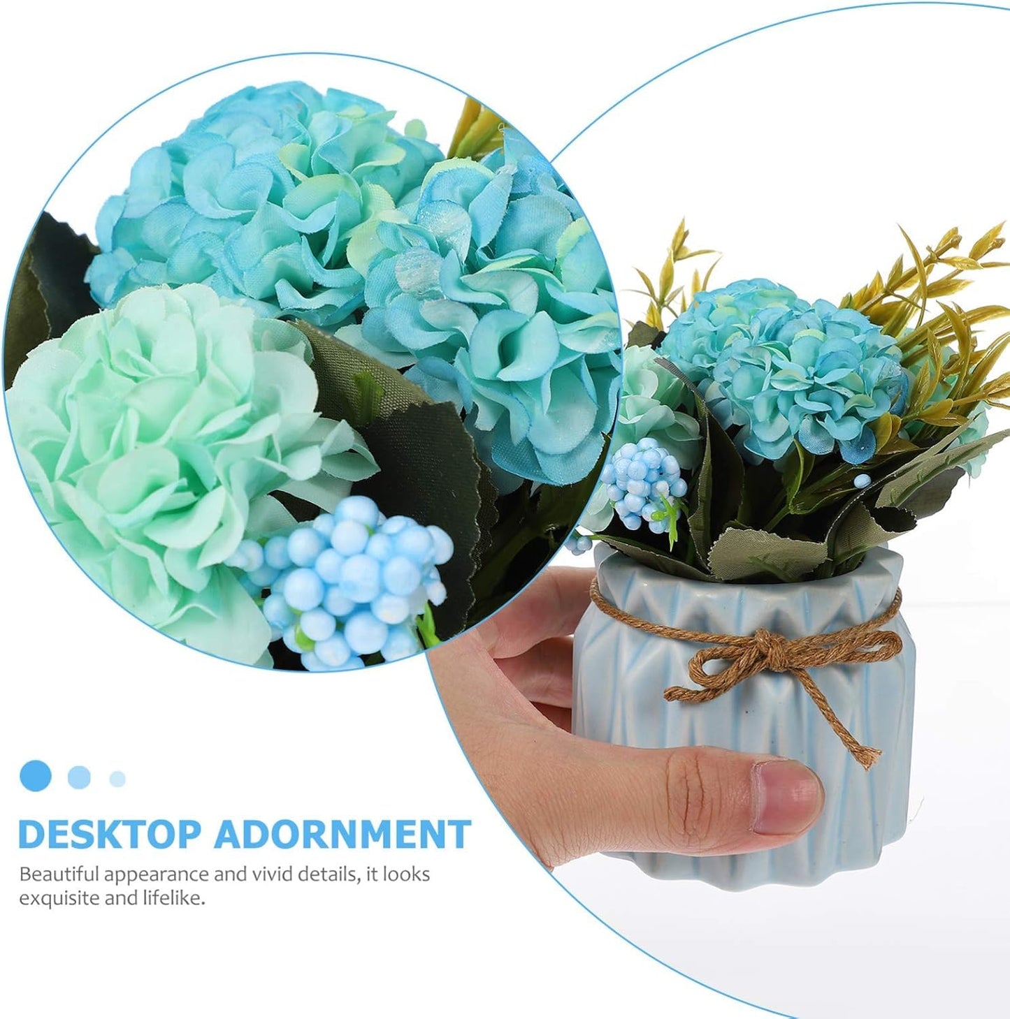 Harmosa 1 Pc Blue Hydrangea Artificial Flower with Ceramic Vase for Tabletop, Office Desk & Home Decor Arrangements