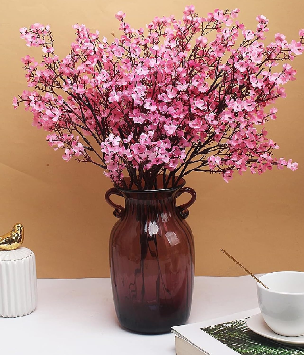 Tavilo Ribbons Set of 5 Pink Baby Breath Gypsophila Silk Flower Bunches for Vase
