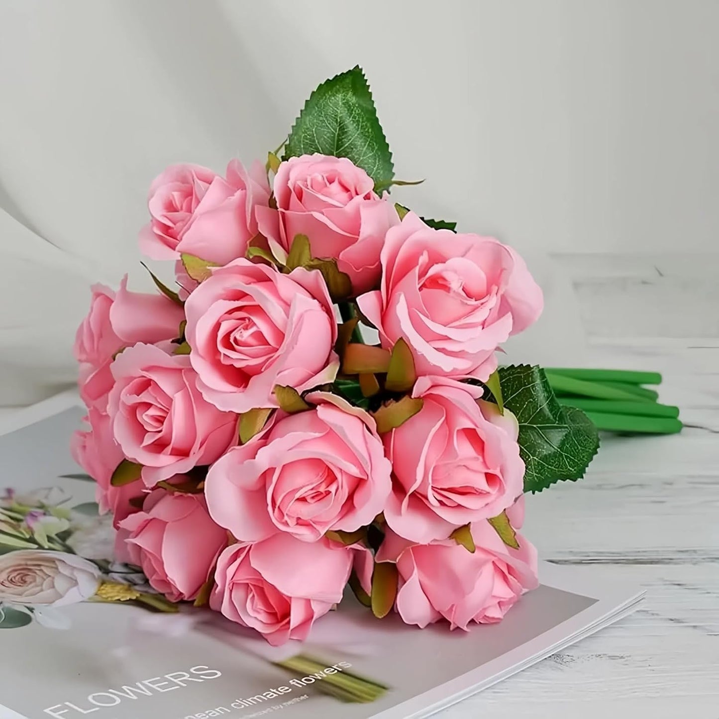 Tressa Roots 12-Light Pink Artificial Rose Flower Bunches (24 cm) for Vase