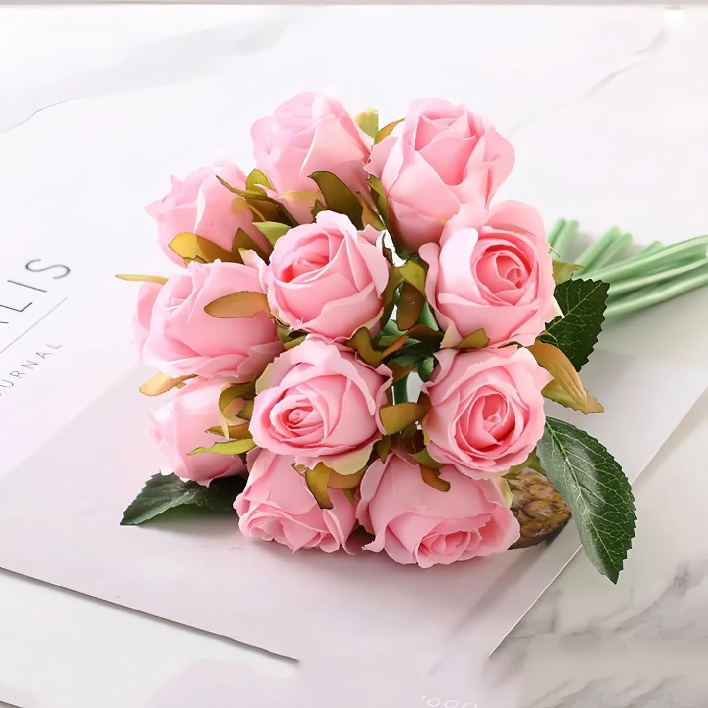 Tressa Roots 12-Light Pink Artificial Rose Flower Bunches (24 cm) for Vase